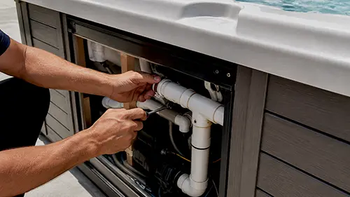 spa technician working on a hot tub leak repair in san diego with the side panel open fixing whtie plastic pipes spa technician working on a hot tub leak repair in San Diego California with the side panel open fixing white plastic pipes