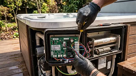 technician-servicing-hot-tub-control-panel-during-hot-tub-heater-repair-in-san-diego-california
